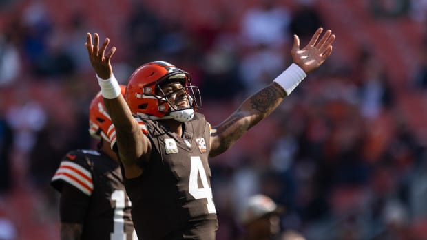 Nov 5, 2023; Cleveland, Ohio, USA; Cleveland Browns quarterback Deshaun Watson (4) celebrates during warm ups before the game against the Arizona Cardinals at Cleveland Browns Stadium.